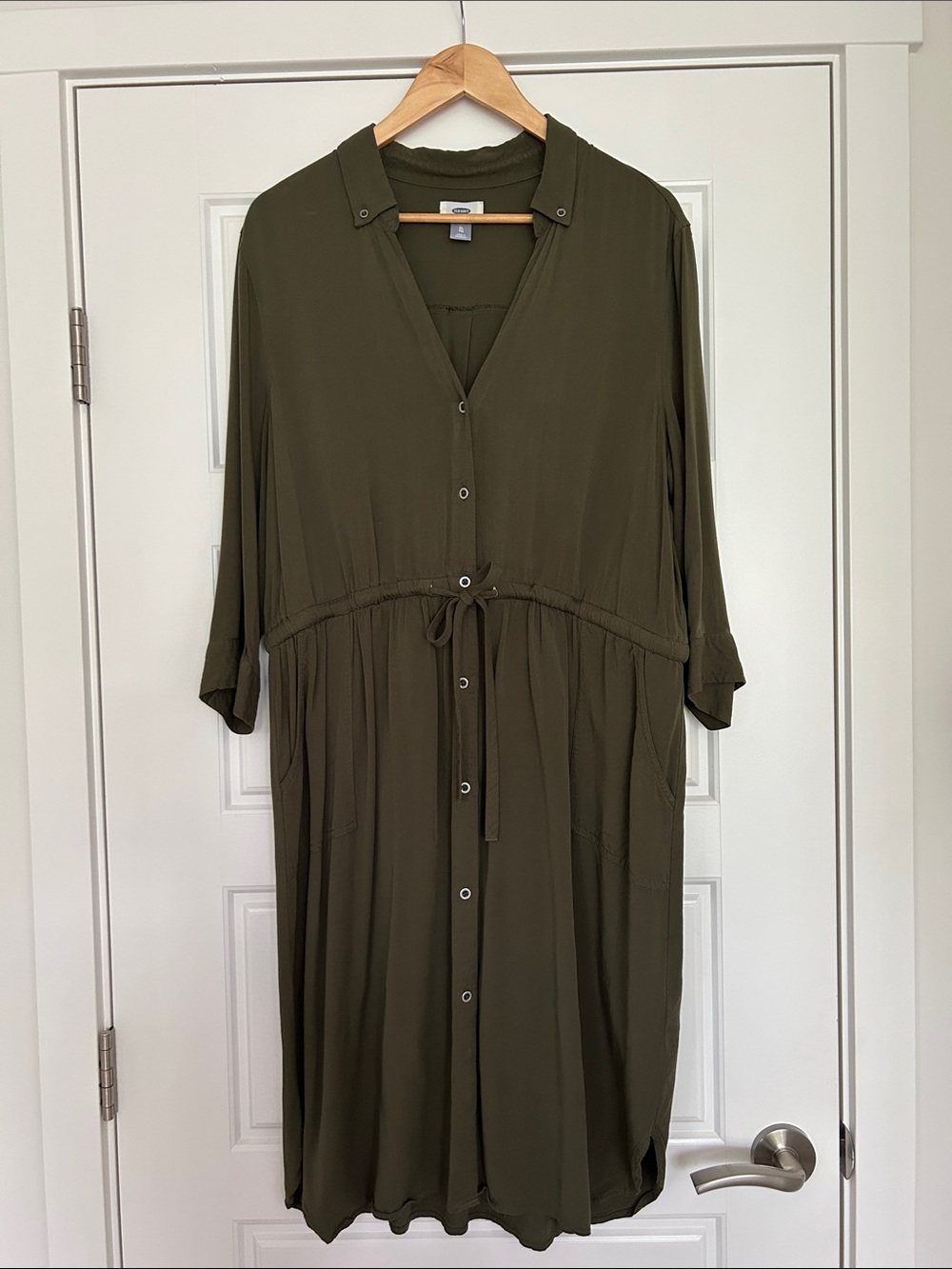 Old Navy Olive Button-Front Midi Dress with Drawstring Waist